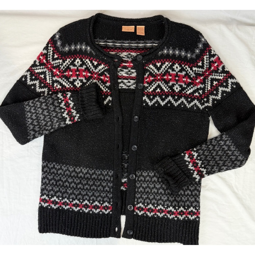 Women's Fair Isle Cardigan Sweater L 14-16 Black Red Nordic Holiday NorthCrest